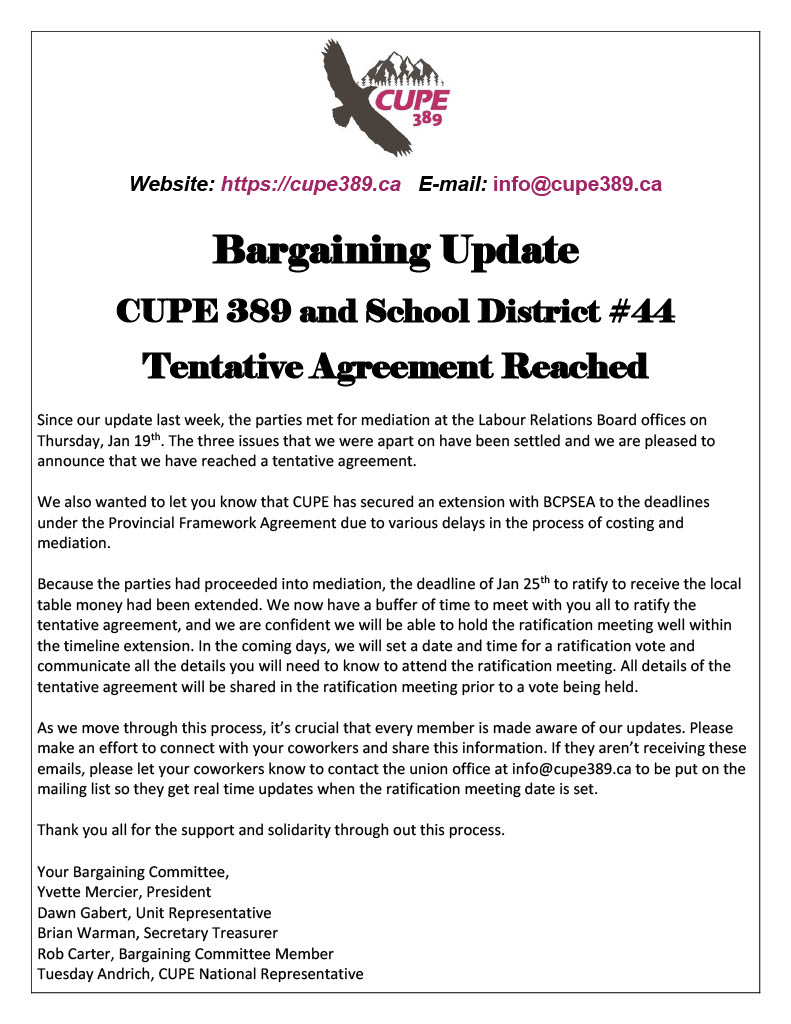 Bargaining Update – CUPE 389 and School District #44 – Tentative Agreement Reached