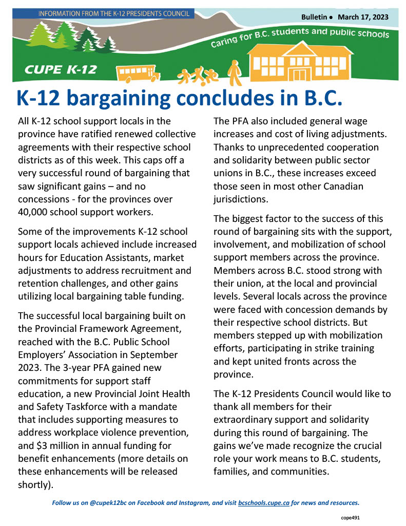 K-12 Presidents Council Bulletin: K-12 bargaining concludes in B.C.