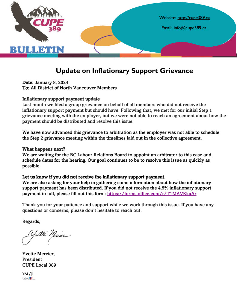 Bulletin – DNV Members – Update on Inflationary Support Grievance